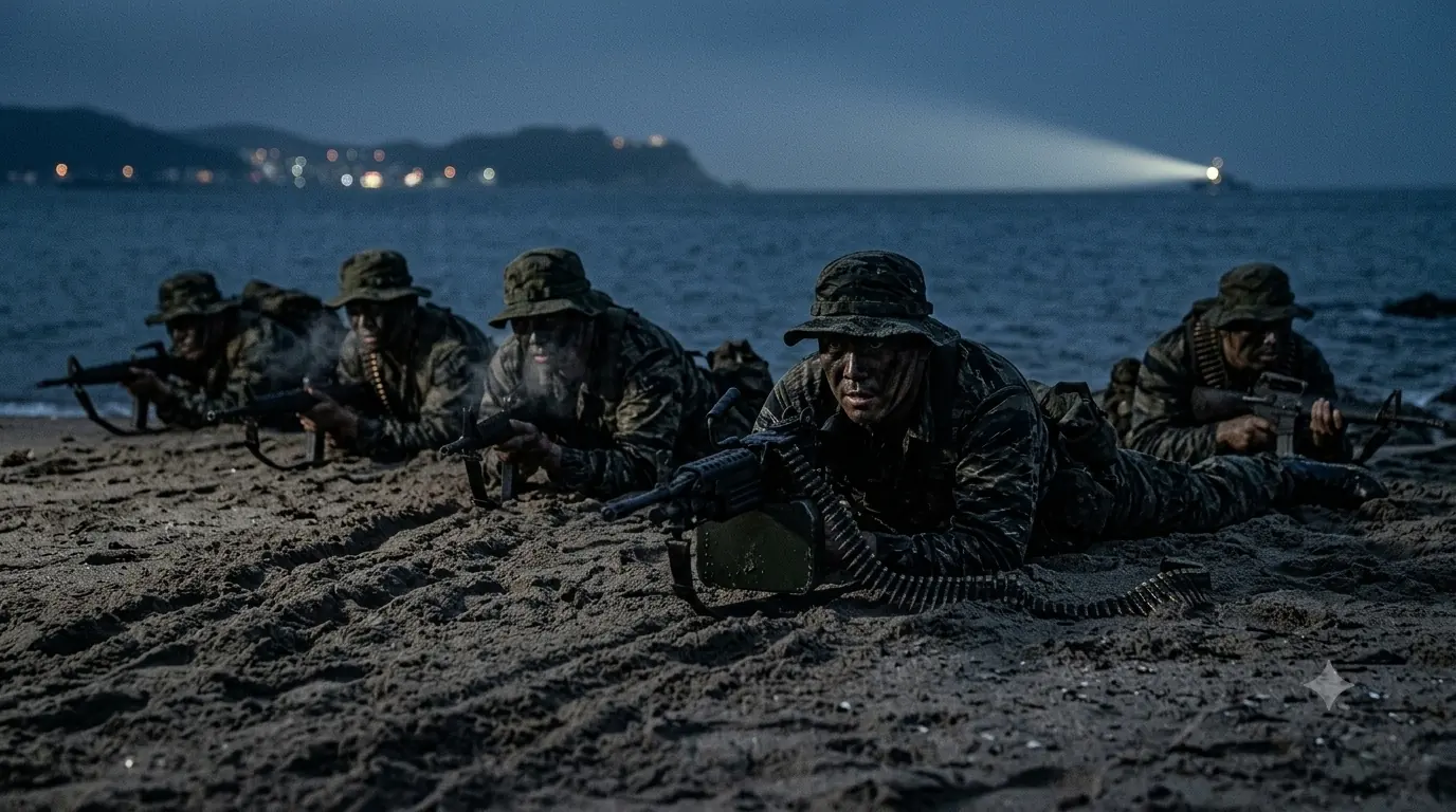 Soldiers in camouflage with blackened faces lying prone on a dark beach at dusk, weapons forward, a searchlight sweeping the water behind them