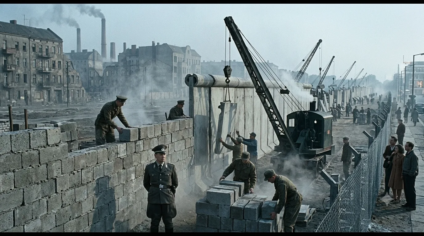 East German soldiers supervising construction of the Berlin Wall, cranes lowering concrete slabs between the ruins.