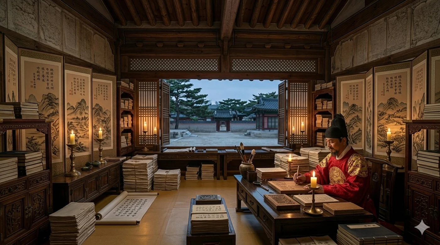 A Joseon king in red robes writing at a low desk by candlelight at night, surrounded by stacked manuscripts