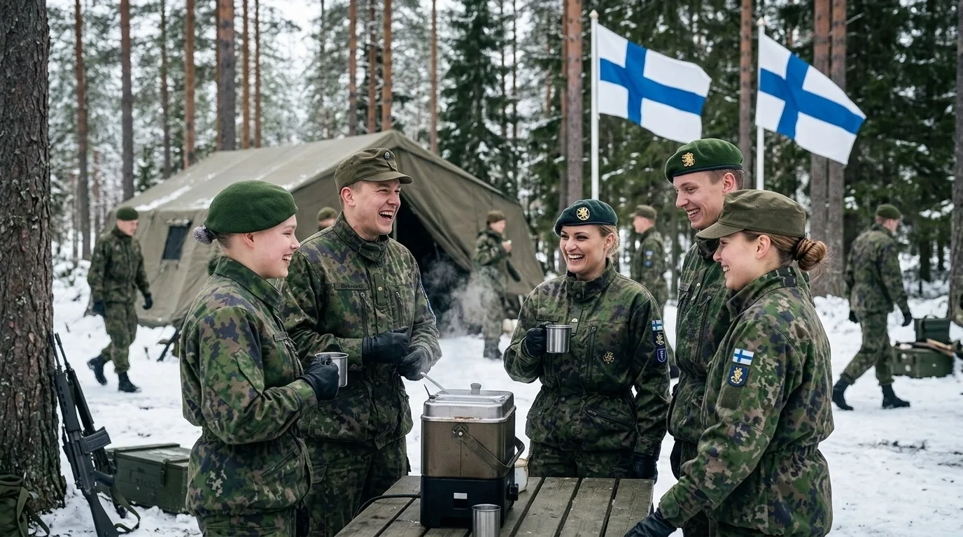 Finnish conscripts in winter camouflage sharing coffee at a snowy forest camp, Finnish flags flying.