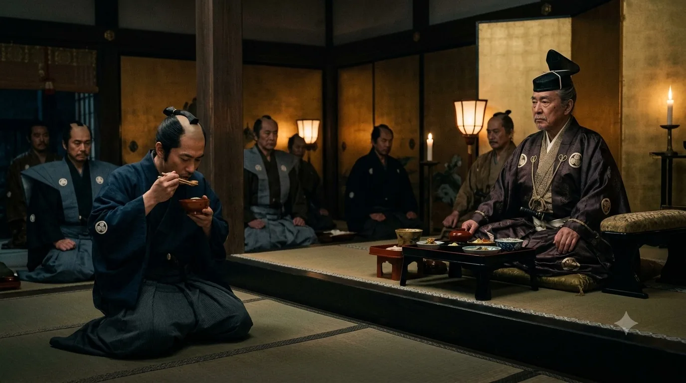 In an Edo castle hall, a retainer kneels and tastes from a bowl while the lord waits at a low table, attendants seated along the wall.