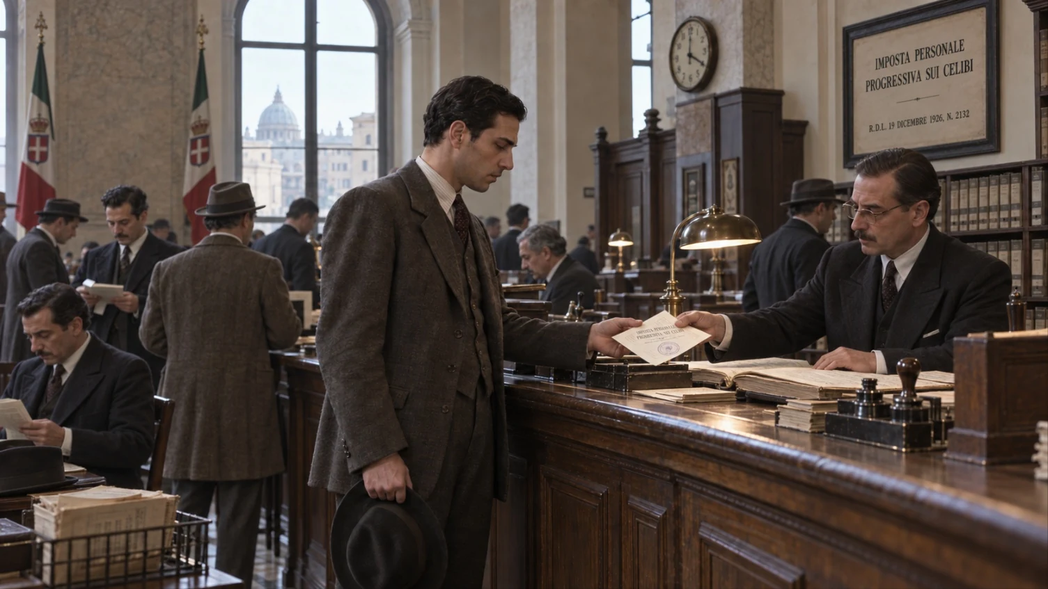 A young man in a tweed suit, hat in hand, takes a printed form from a clerk at a wooden counter in a busy 1920s Italian government office, with Italian flags and a framed notice about a tax on bachelors