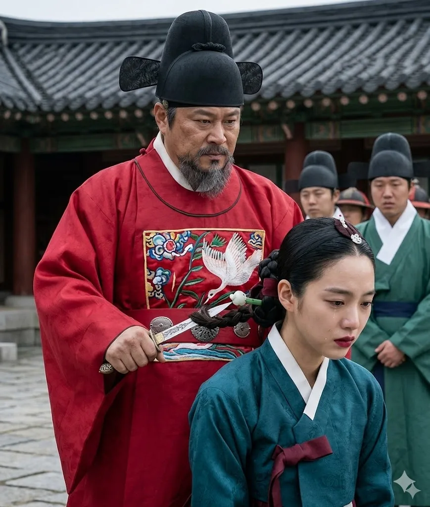 A Ming envoy forcibly cutting the hair of a Joseon court lady before the court