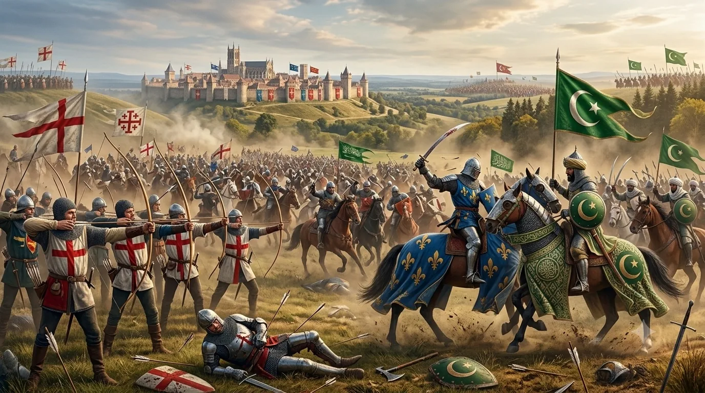 Medieval Western armies clash — mailed archers and knights under Christian banners facing a cavalry force under crescent standards