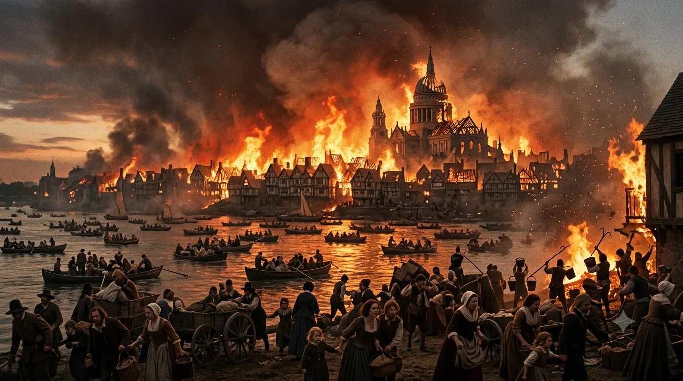 The Great Fire of London: the city burning across the river as families crowd the near bank with carts and boats.