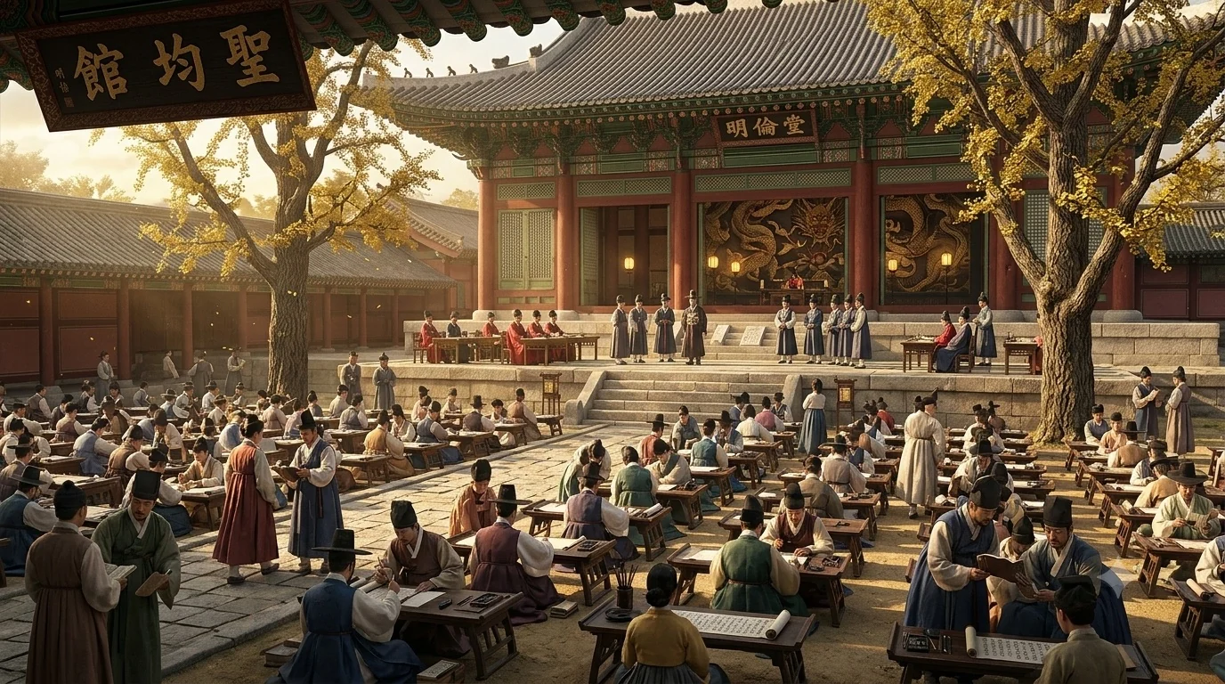 The Myeongryundang lecture hall at Sungkyunkwan, students at their desks in the courtyard under ginkgo trees.