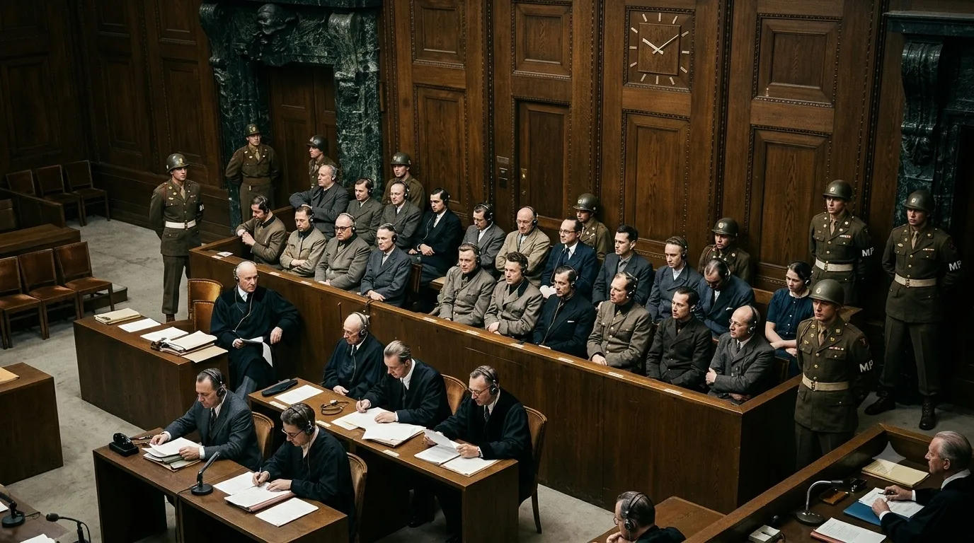 The Nuremberg Doctors' Trial: defendants in the dock with headphones, military police standing guard in the paneled courtroom.