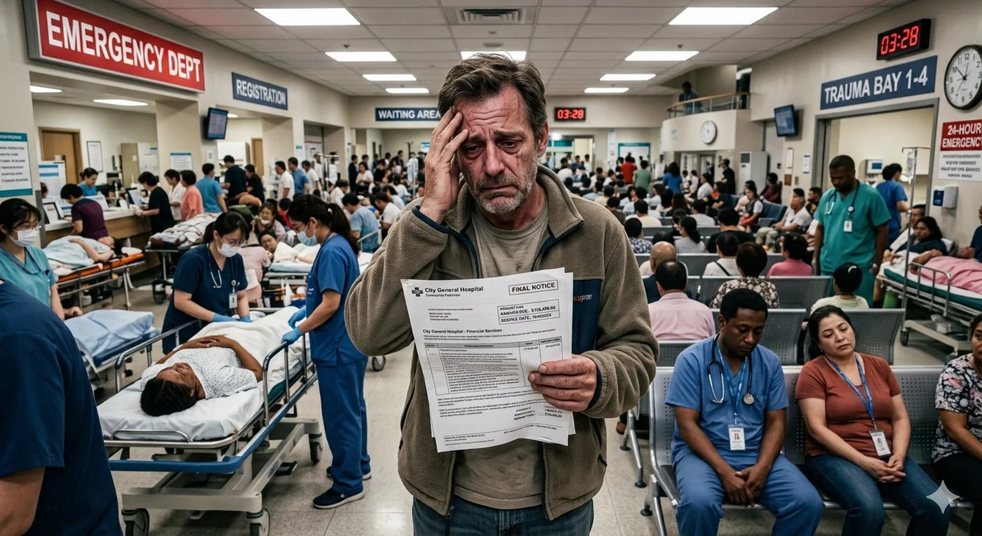 A worried patient in a crowded American emergency department holds a hospital 'Final Notice' bill, surrounded by gurneys, staff in scrubs, and other waiting patients.