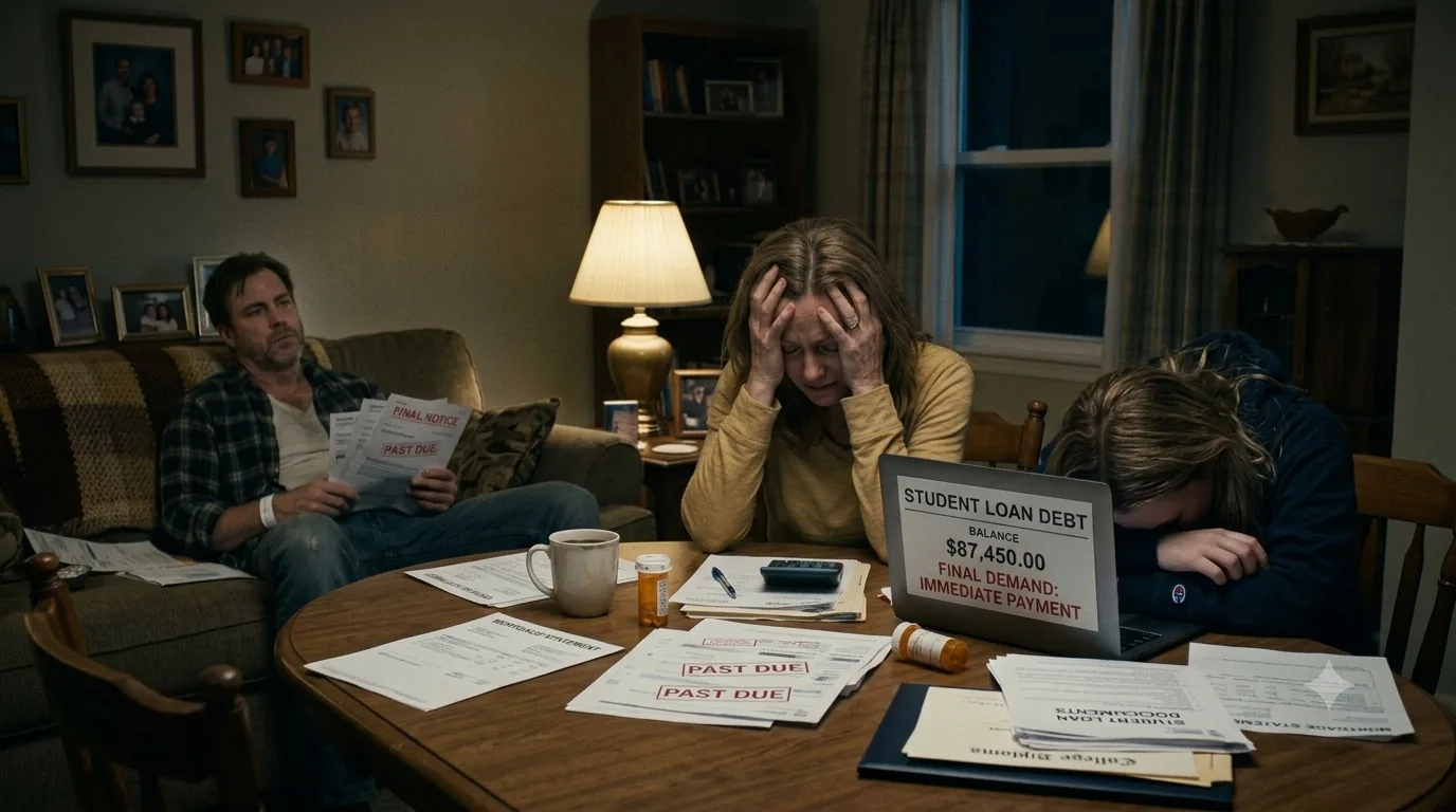 A family at a kitchen table surrounded by overdue notices and a laptop showing a student loan balance.