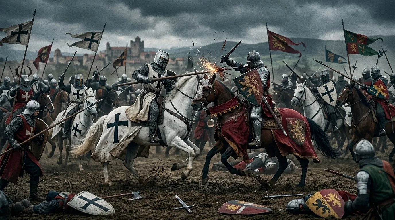 Medieval European knights clashing on horseback under stormy skies, heraldic banners flying.