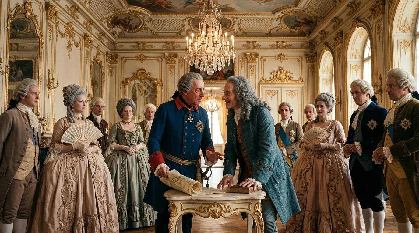 Frederick the Great in conversation at his court, surrounded by nobles.