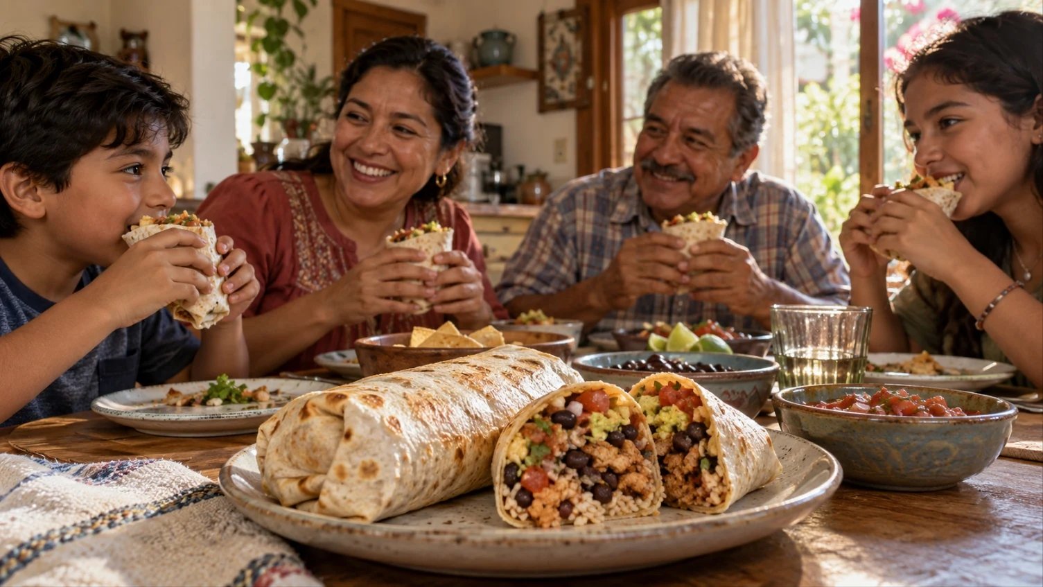A family at a wooden table eating burritos, with a halved burrito showing beans, rice and meat on a plate in the foreground