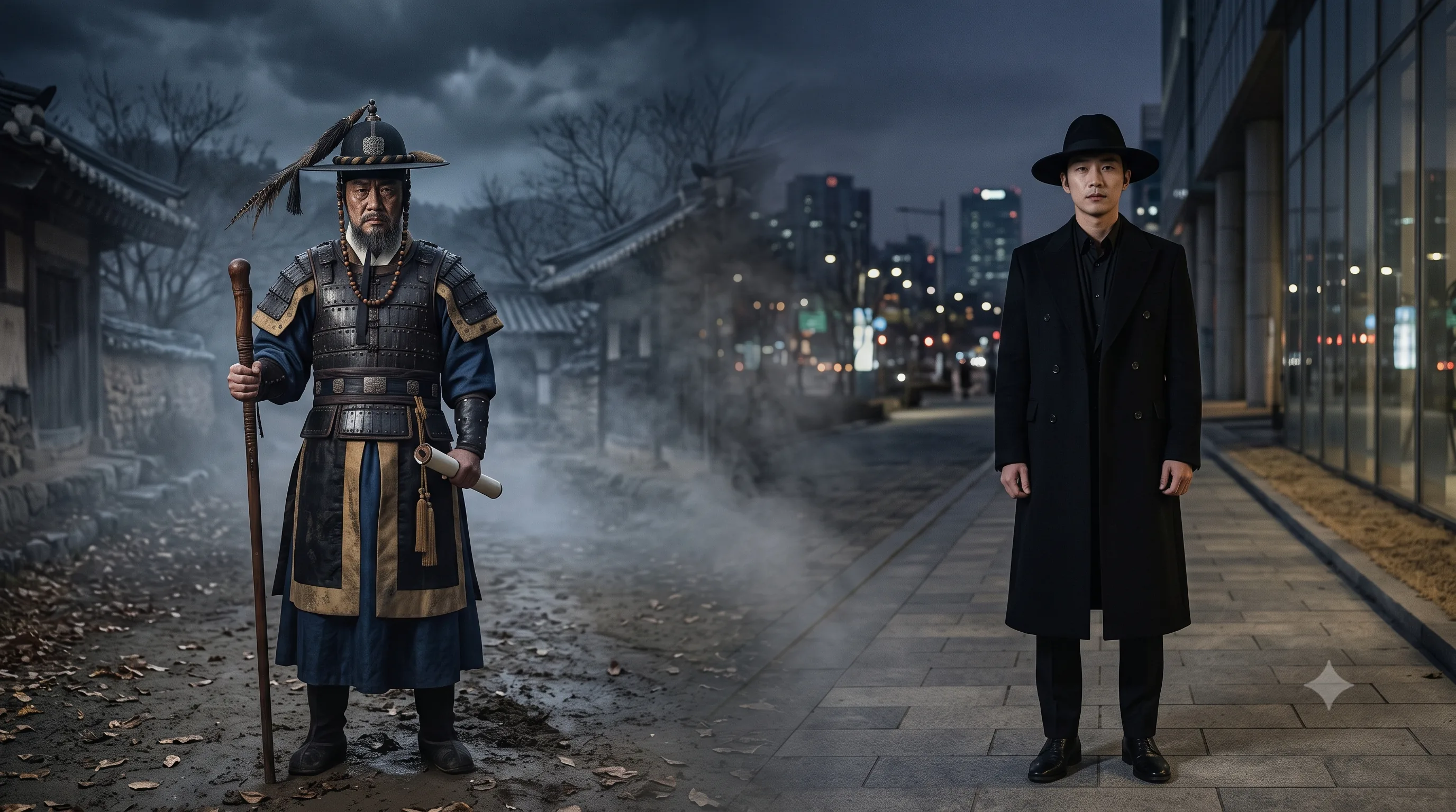 On the left a Joseon-era soldier-official as the traditional death-messenger; on the right the modern black-coated, black-hatted reaper