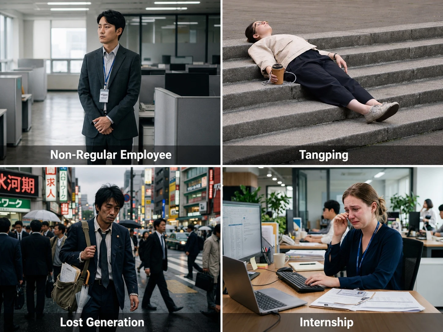 Four panels: a Korean non-regular worker, a Chinese youth lying flat, a Japanese 'Lost Generation' worker, and a Western intern.