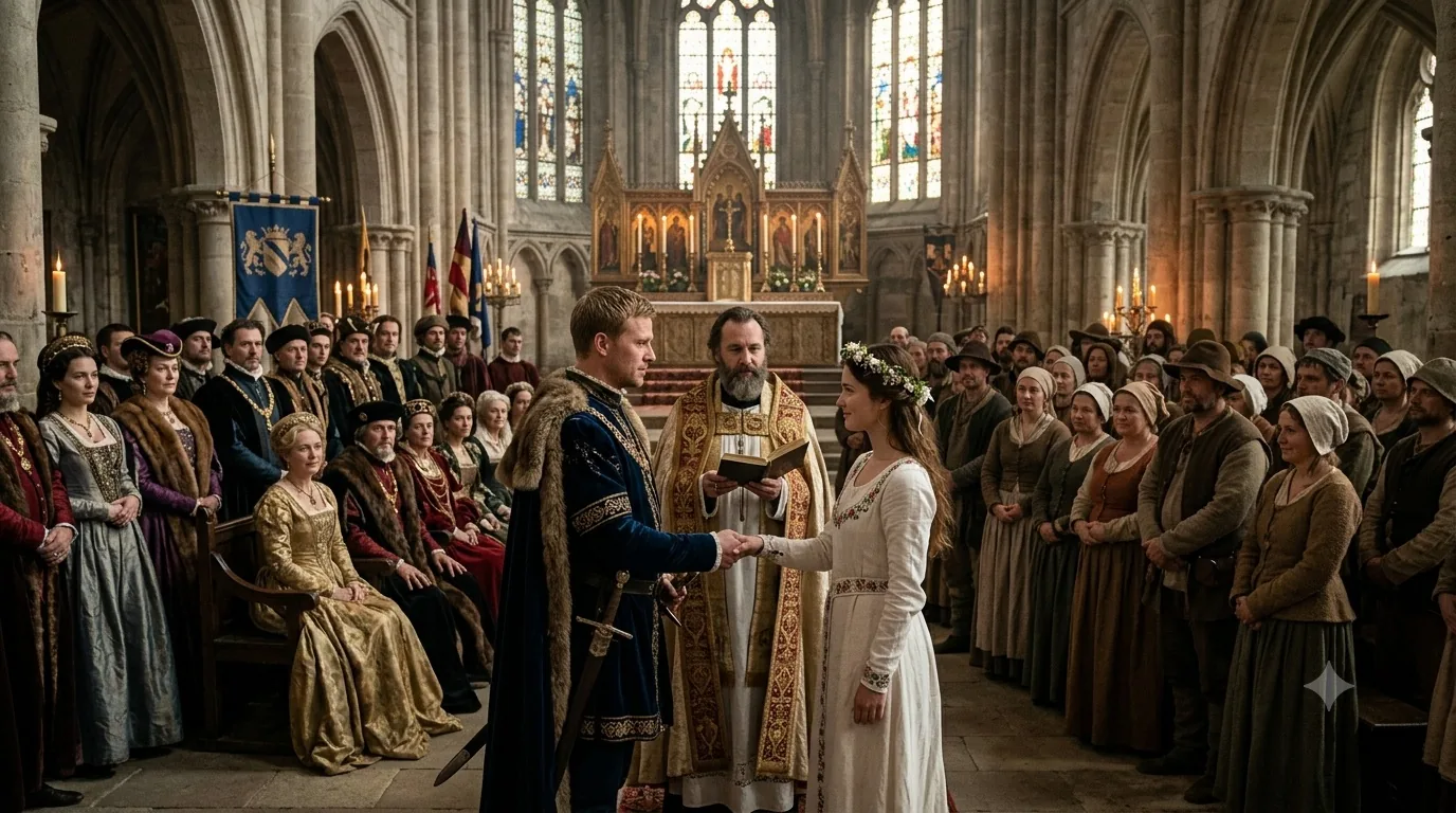 A medieval European church wedding: a nobleman in furred robes takes the hand of a bride in plain linen, richly dressed relatives seated on one side and townspeople standing on the other.