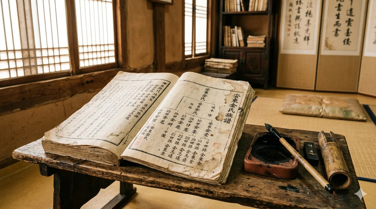 A traditional Korean genealogy book (jokbo) open on a low wooden desk, with brush and inkstone, its page headed "Genealogy of the Andong Kim"