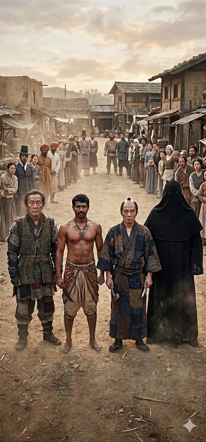 A Joseon outcast, an Indian leatherworker, a Japanese tradesman, and a hooded European executioner standing in a row in a dusty street as a crowd looks on