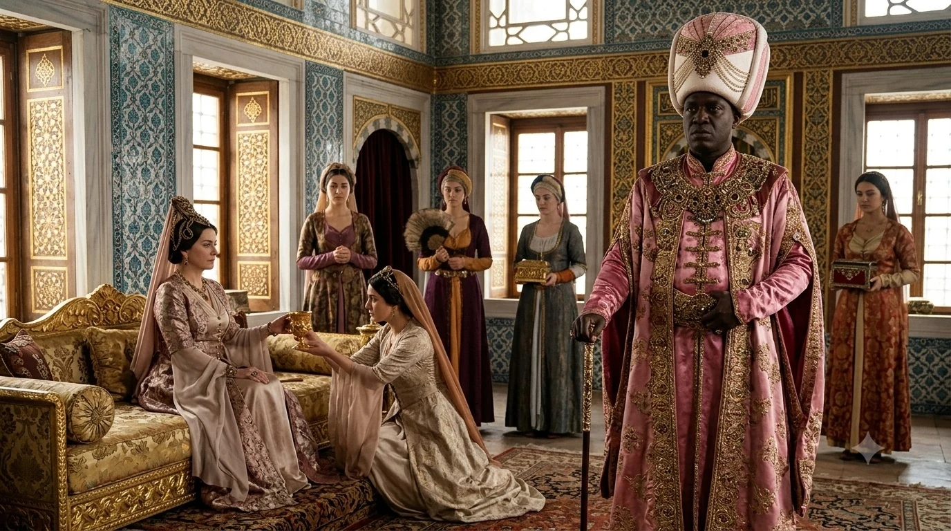 The Ottoman imperial harem: the Chief Black Eunuch standing in his robes of office while the valide sultan is served. (AI illustration)