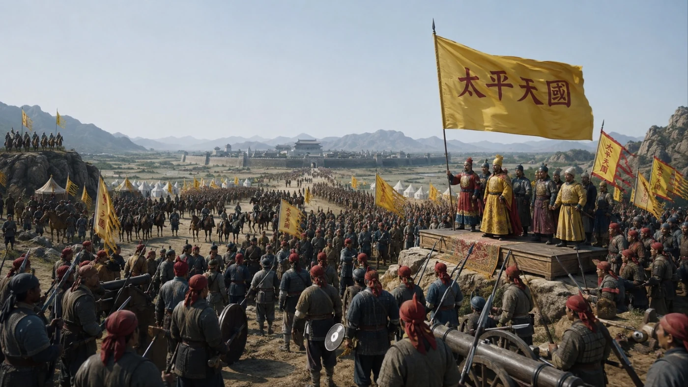 A Taiping Heavenly Kingdom army assembles under yellow banners reading 太平天國, its leaders on a raised platform — the Chinese peasant war Donghak is often compared to