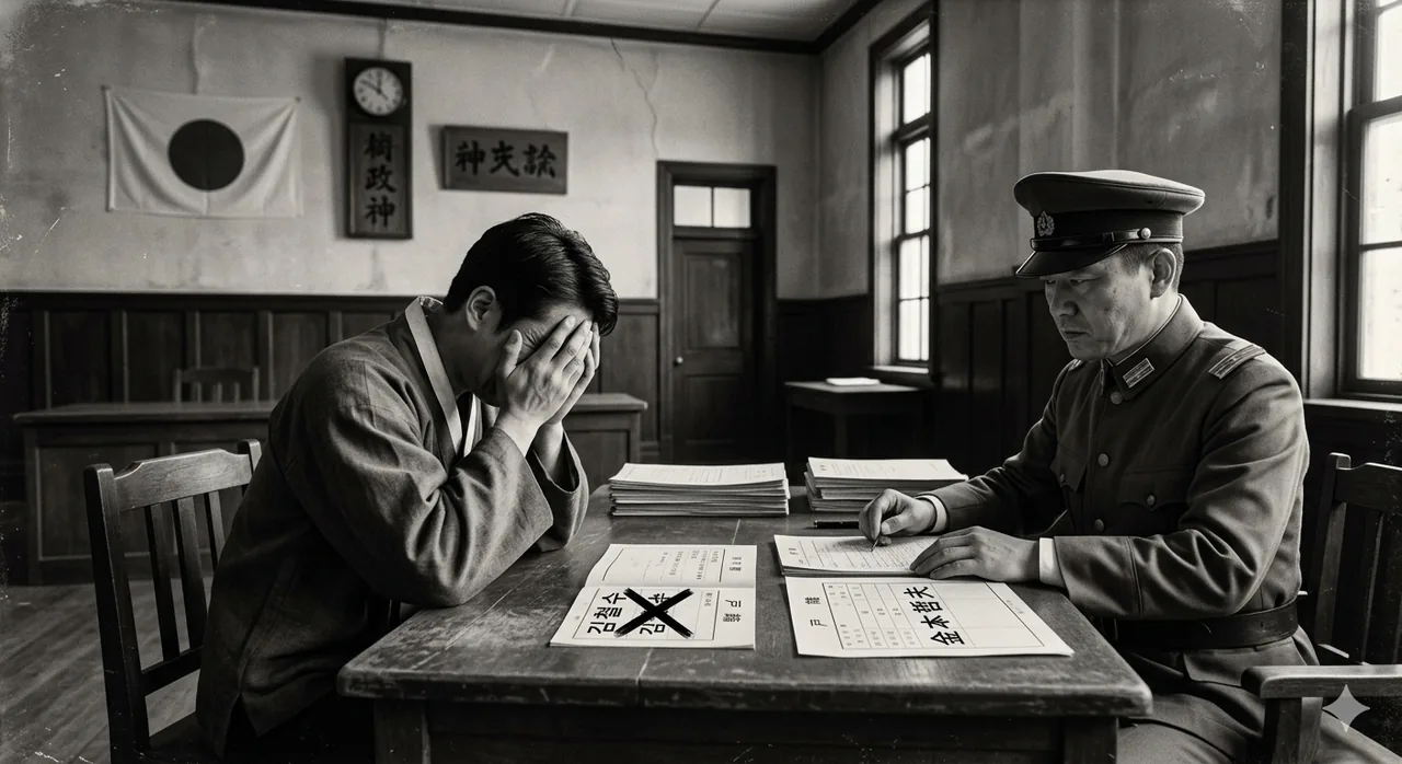 A Korean man at a colonial government office, head in hands, as an official rewrites his family name in Japanese form