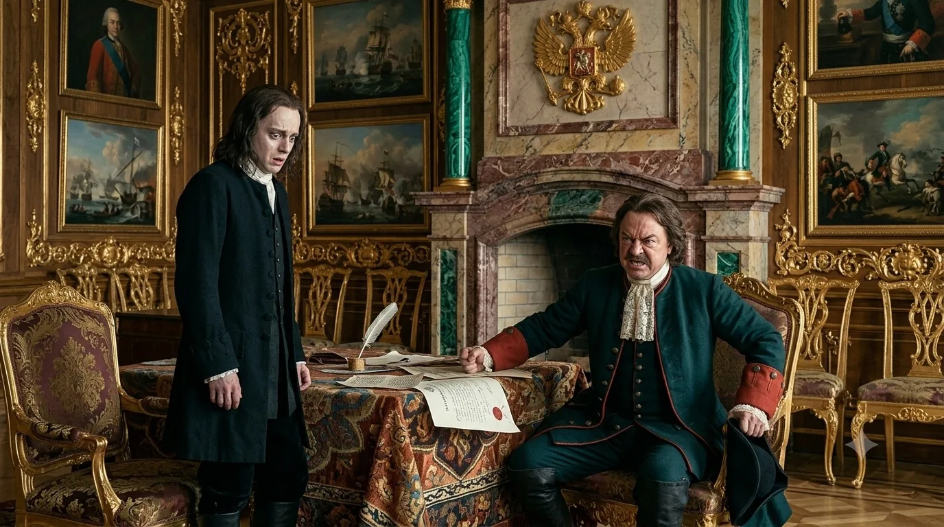In an opulent Russian palace hall under the Romanov double-headed eagle, an enraged Peter the Great sits confronting his pale, frightened son Tsarevich Alexei.