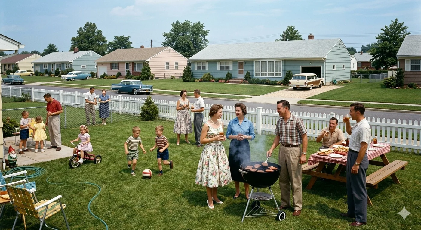 A 1950s American suburb: identical ranch houses behind white picket fences, families at a backyard barbecue, children on tricycles, cars in driveways — prosperity expressed through private space.