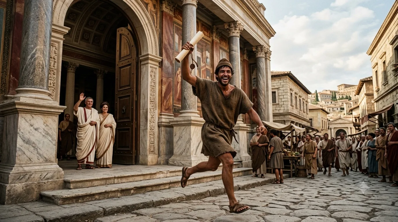 A freed man in a rough tunic running from a Roman basilica holding his manumission scroll aloft, his former owners watching from the steps in togas.