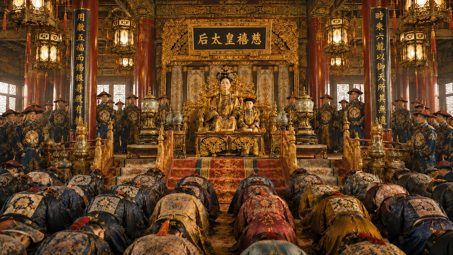 Empress Dowager Cixi seated in state with the child emperor as the court prostrates before them.