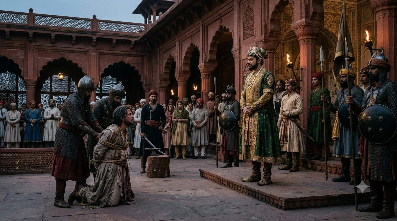 Aurangzeb watching the execution of a bound prisoner in a Mughal palace courtyard.