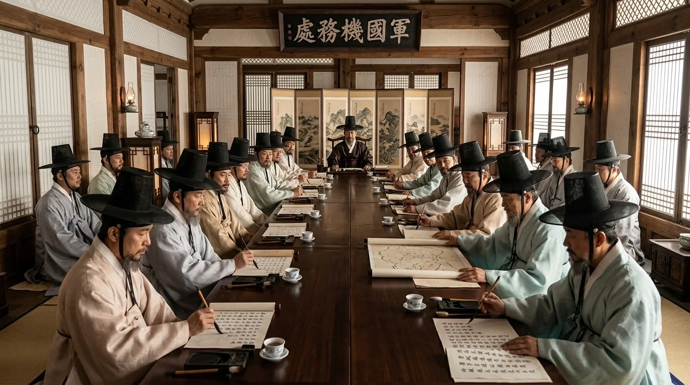 The Gabo Reform council beneath a 軍國機務處 signboard, officials drafting reform measures at a long table