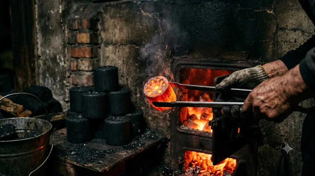 Hands using tongs to lift a glowing coal briquette by a furnace, embers and smoke